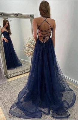 Sexy Halter Navy Blue Tulle Lace Evening Party Dress Side Split Prom Dress_2