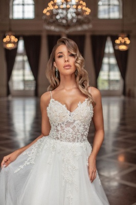 Spaghetti Straps Sleeveless Sweetheart A-Line Lace Wedding Dress_3