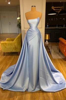 Charming Sky Blue Long Mermaid Prom Dress Strapless Ruched Satin Evening Party Dress with Sweep Train_1
