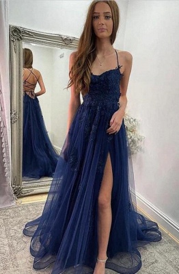 Sexy Halter Navy Blue Tulle Lace Evening Party Dress Side Split Prom Dress_1