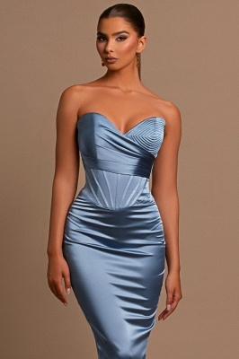 Stunning Sweetheart Satin Mermaid Prom Dress Dusty Blue Strapless Long Evening Party Dress_4