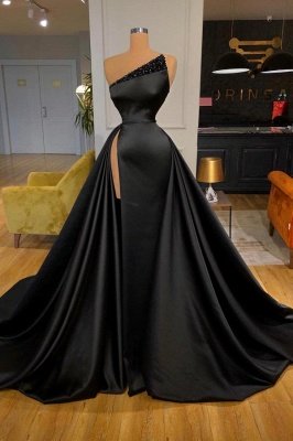 Stunning Black Sparkly Sequins Satin Long Evening Gown  Side Split with Sweep Train_1