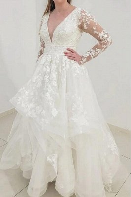 Elegantes A-Linien-Hochzeitskleid mit langen Ärmeln, tiefem V-Ausschnitt, geschwollenen Schichtspitzen-Brautkleid_4