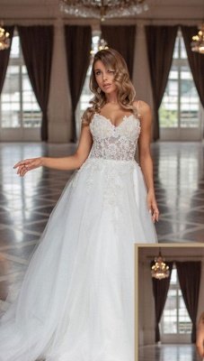 Spaghetti Straps Sleeveless Sweetheart A-Line Lace Wedding Dress_1