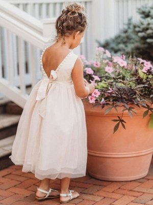 Marfil Hasta el tobillo Vestidos de niña de las flores Princesa Vestidos formales para niños Sin mangas_4