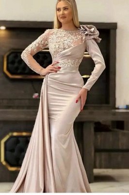 Charming Long Sleeves Mermaid Evening Gown 3D Flower Satin Prom Dress_1