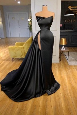 Stunning Black Glitter Beadings Long Prom Dress Strapless Evening Dress with Side Sweep Train_1