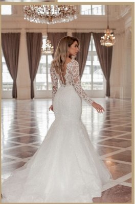Stunning Long Sleeves Mermaid Bridal Gown Tulle Lace Appliques Wedding Dress_2
