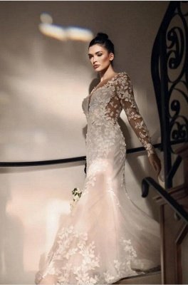 Gorgeous Long Sleeves Mermaid Wedding Dress Floral Lace Tulle Bridal Gown_4