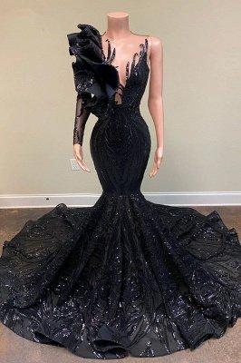 Charming Black Glitter Mermaid Prom Dress One Shoulder Long Party Gown_1