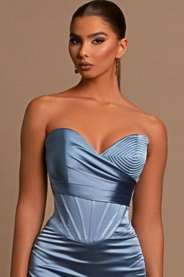 Stunning Sweetheart Satin Mermaid Prom Dress Dusty Blue Strapless Long Evening Party Dress_6