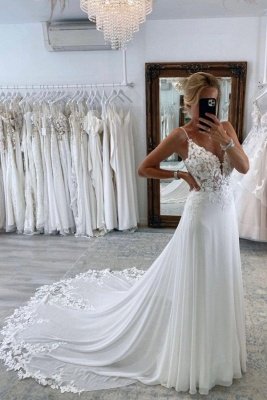 Stylish Floral Lace Appliques A-line Simple Wedding Dress Spaghetti Straps_1