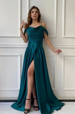 Charming Ruched Satin Long Evening Dress Off Shoulder with Straps Side Slit Special Ocaasion Dress_1