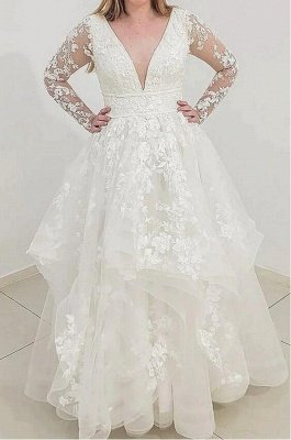 Elegantes A-Linien-Hochzeitskleid mit langen Ärmeln, tiefem V-Ausschnitt, geschwollenen Schichtspitzen-Brautkleid_3