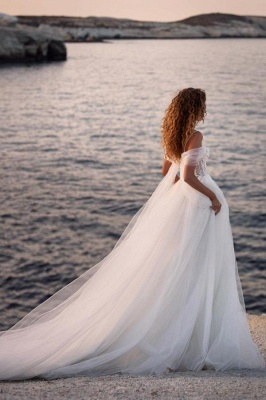 Vestido de novia de playa largo con hombros descubiertos blanco con estampado floral de correas de espagueti_3