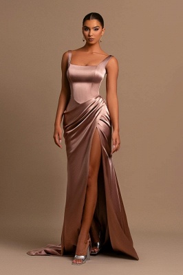 Square Neck Mermaid Side Slit Prom Dress Ruched Satin Long Evening Party Dress_3