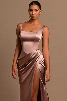 Square Neck Mermaid Side Slit Prom Dress Ruched Satin Long Evening Party Dress_5