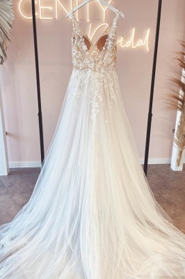 Einfaches ärmelloses A-Linien-Hochzeitskleid mit V-Ausschnitt, rückenfreies, langes Brautkleid aus Tüll und Spitze_2