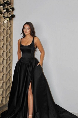 Sexy schwarzes langes Partykleid mit quadratischem Ausschnitt, seitlich geschlitztes Satin-Abschlussballkleid mit Taschen_2