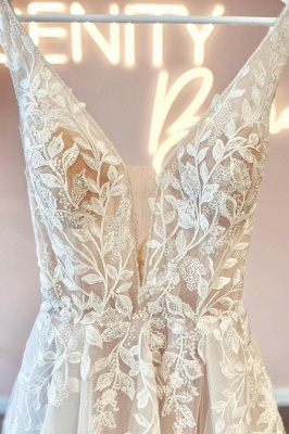 Ärmelloses Tüll-Spitzen-Brautkleid mit V-Ausschnitt, schlichtes Hochzeitskleid_3