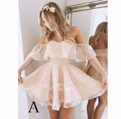 A-Line Lace Off-Shoulder Short Prom Dresses Pearl Pink Homecoming Dress_6