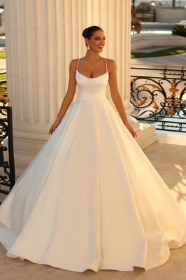 Elegante vestido de novia sencillo de satén con tirantes finos Vestido de novia sin espalda de una línea_1