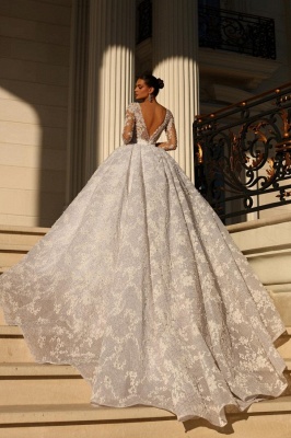 Luxury Long Sleeves Ball Gown Deep V-Neck  Flower Pearls Wedding Dress_2