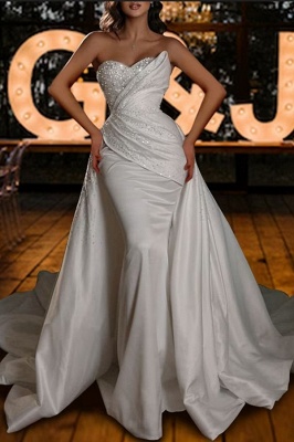 Stilvolles Schatz-Meerjungfrau-Hochzeitskleid mit glitzernden Pailletten, ärmelloses Satin-Brautkleid_1