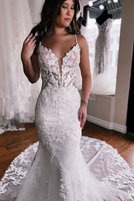 Chic White Floral lace Appliques Mermaid Bridal Gown Deep V-neck Long Wedding Dress_3