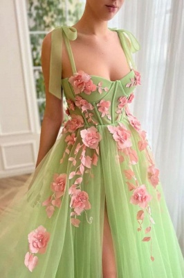 Elegante vestido formal con abertura lateral de tul Aline con flores en 3D Vestido largo de fiesta de noche con cuello cuadrado_2