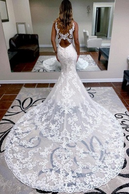 Bescheidenes weißes, florales Spitzen-Meerjungfrau-Hochzeitskleid mit V-Ausschnitt und langem Brautkleid_2