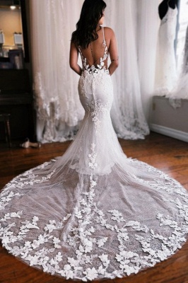 Chic White Floral lace Appliques Mermaid Bridal Gown Deep V-neck Long Wedding Dress_2