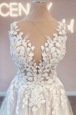 Elegant Sleeveless Floral Lace Wedding Dress Tulle A-line Bridal Dress for Women_3