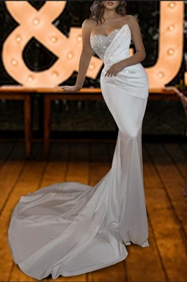 Stilvolles Schatz-Meerjungfrau-Hochzeitskleid mit glitzernden Pailletten, ärmelloses Satin-Brautkleid_2