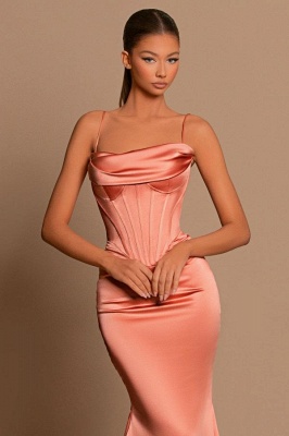 Charming Tube Ruched Satin Long Evening Dress Spaghetti Straps Mermaid Prom Dress_2