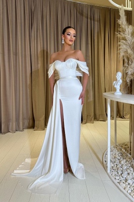 Elegante vestido de noche con abertura lateral blanco y hombros descubiertos Vestido de fiesta largo con escote corazón_1