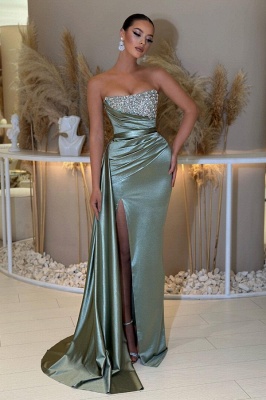 Chic Strapless Shiny Crystals Satin Long Prom Dress Side Slit Evening Wear Dress_2
