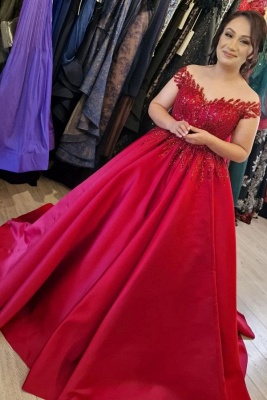 Stilvolles rotes schulterfreies Ballkleid-Abendkleid aus Satin mit Glitzerapplikationen_1