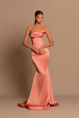 Charming Tube Ruched Satin Long Evening Dress Spaghetti Straps Mermaid Prom Dress_1