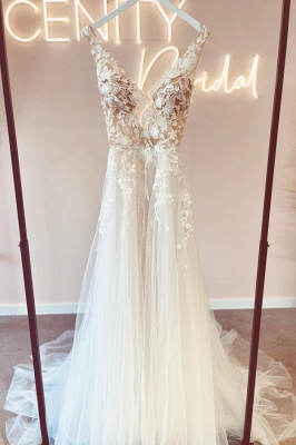 Einfaches ärmelloses A-Linien-Hochzeitskleid mit V-Ausschnitt, rückenfreies, langes Brautkleid aus Tüll und Spitze_1