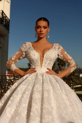 Luxury Long Sleeves Ball Gown Deep V-Neck  Flower Pearls Wedding Dress_3