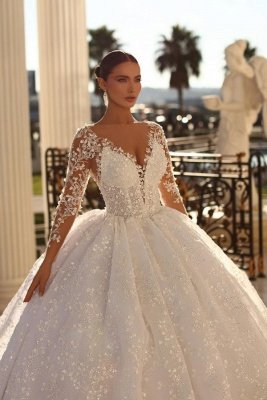 Gorgeous Long Sleeves A-line Wedding Dress Glitter Deep V-neck Bridal Gown_3