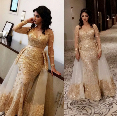 Stunning V-Neck Long Sleeves Mermaid Prom Dress Glitter Gold Appliques Evening Party Dress