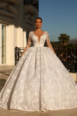 Luxury Long Sleeves Ball Gown Deep V-Neck  Flower Pearls Wedding Dress_1