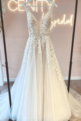 Ärmelloses Tüll-Spitzen-Brautkleid mit V-Ausschnitt, schlichtes Hochzeitskleid_1
