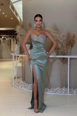 Chic Strapless Shiny Crystals Satin Long Prom Dress Side Slit Evening Wear Dress_1