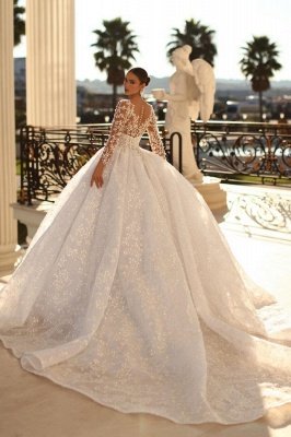 Magnifique robe de mariée A-ligne à manches longues Robe de mariée à encolure en V profonde scintillante_2