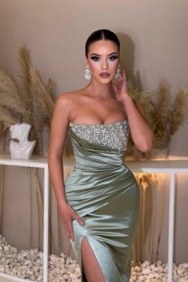 Chic Strapless Shiny Crystals Satin Long Prom Dress Side Slit Evening Wear Dress_3