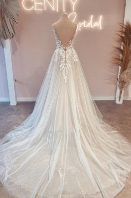 Elegant Sleeveless Floral Lace Wedding Dress Tulle A-line Bridal Dress for Women_2