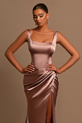 Square Neck Mermaid Side Slit Prom Dress Ruched Satin Long Evening Party Dress_7